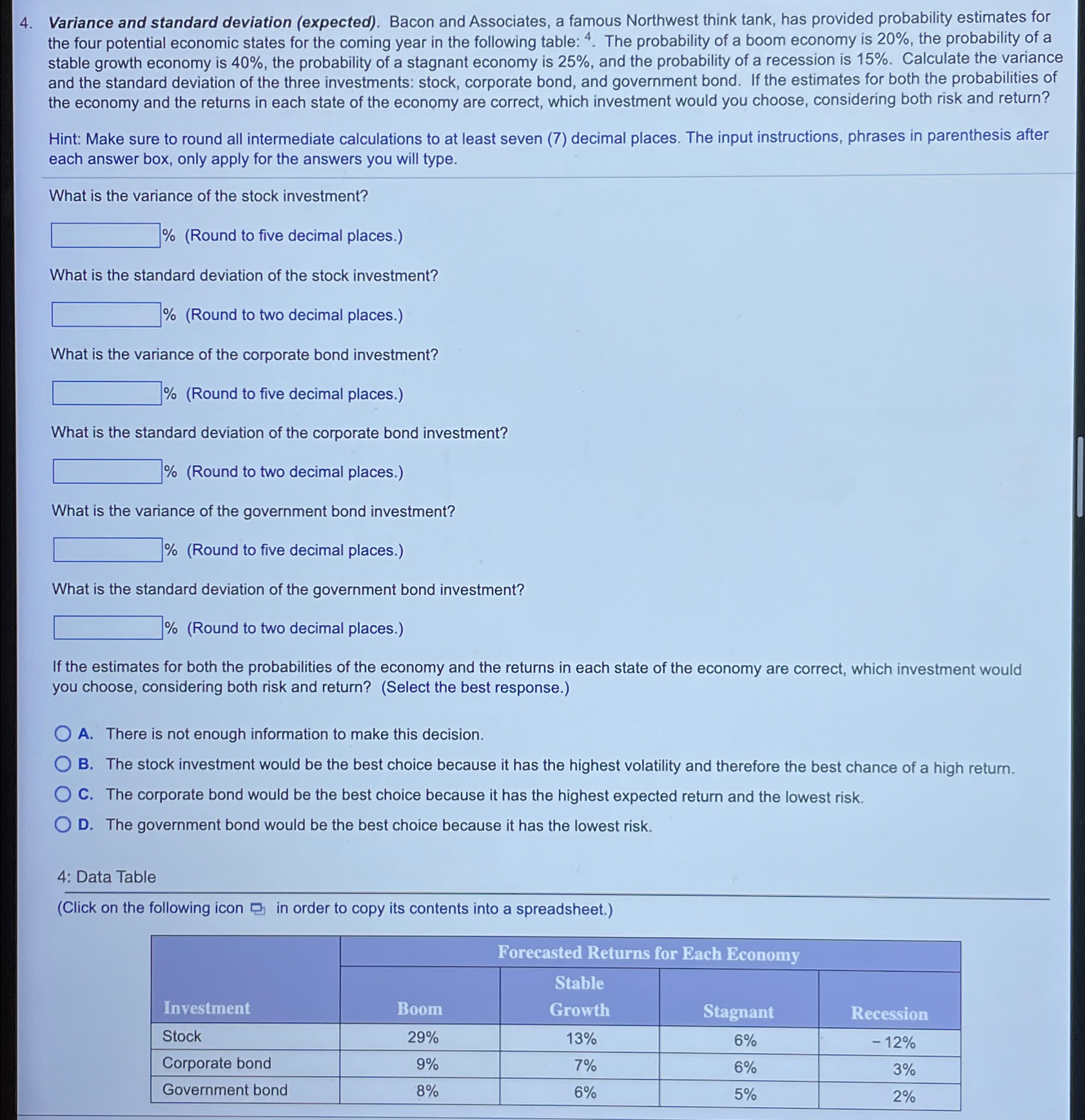  Variance and standard deviation (expected). Bacon and Associates, a famous Northwest