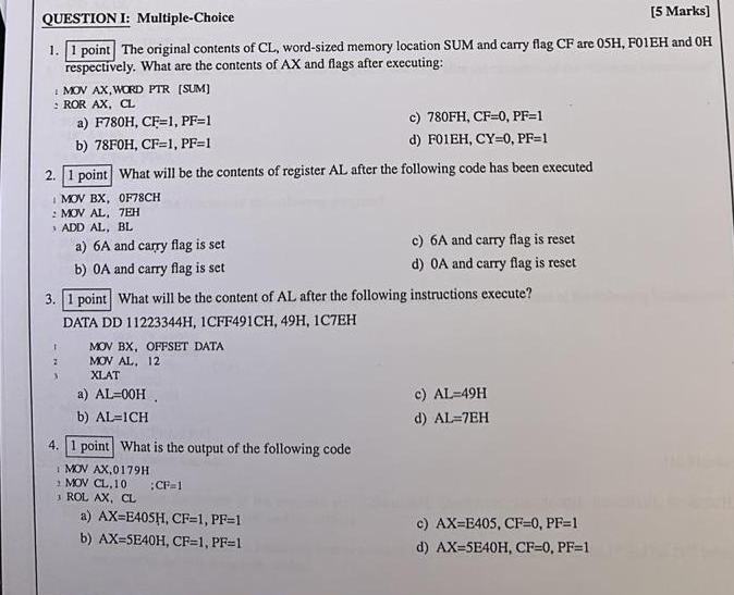  QUESTION I: Multiple-Choice [5 Marks] 1 point The original contents of