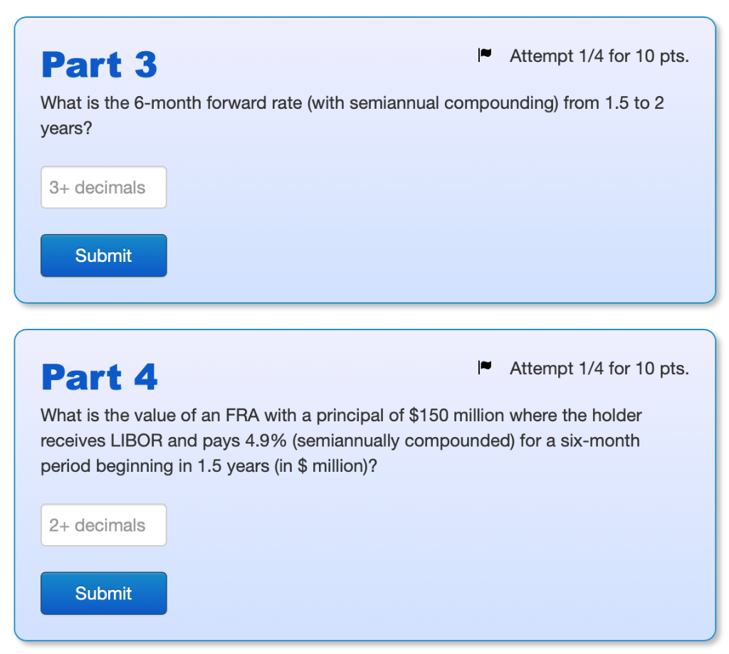 semiannual compounding): Maturity Zero rate (years) (semiannual) 0.5 3.8% 1 4.2% 1.5