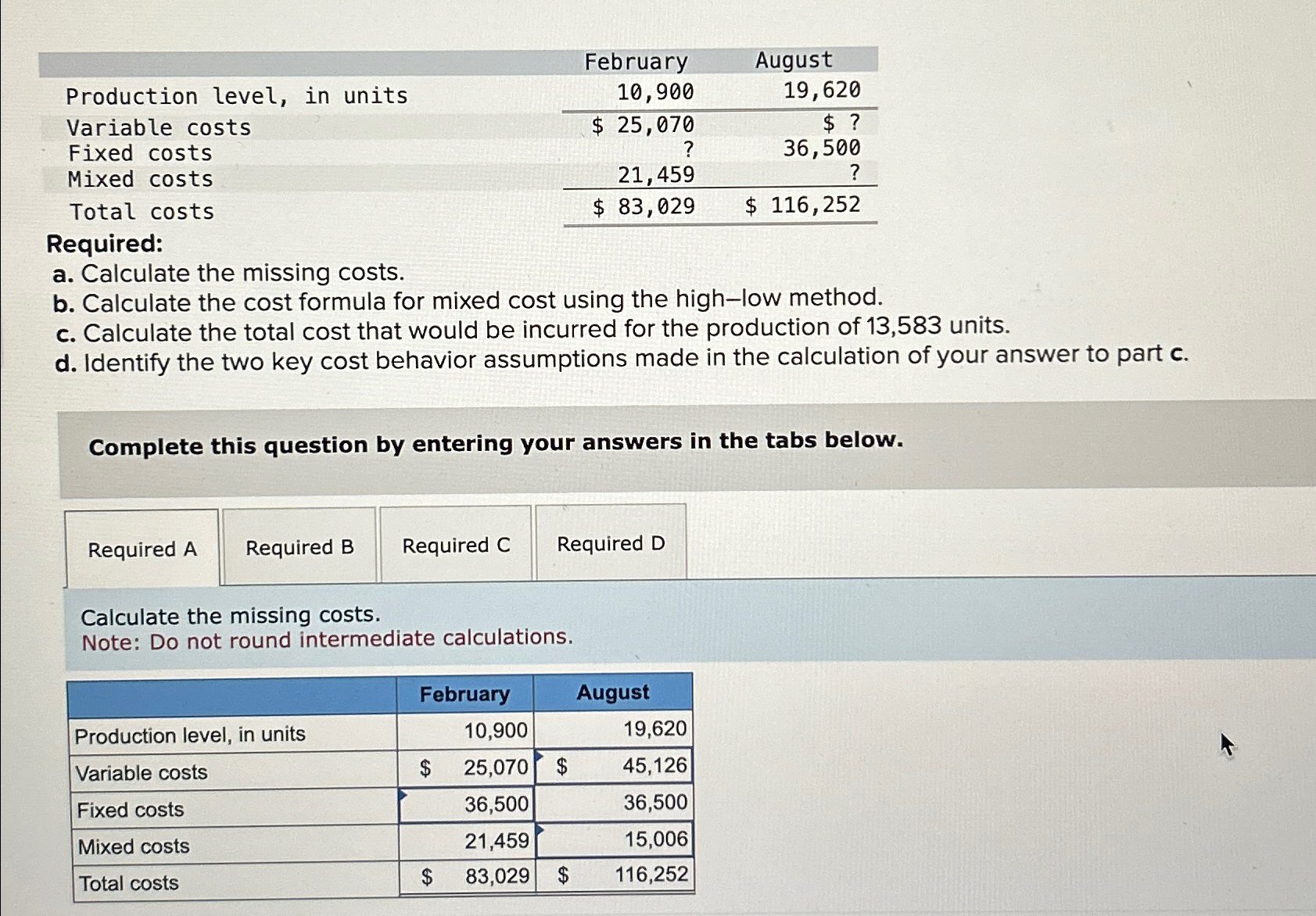  \table[[,February,August],[Production level, in units,10,900,19,620],[Variable costs,$25,070,$ 