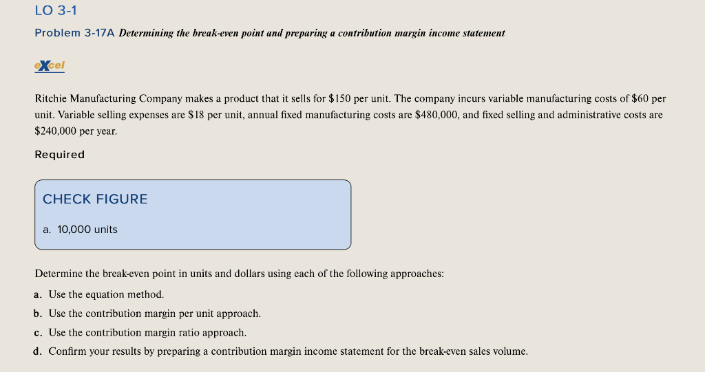  LO 3-1 Problem 3-17A Determining the break-even point and preparing a