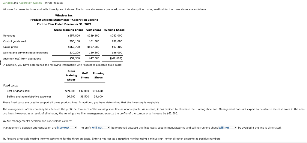 will rate answer, thank you!! Variable and Absorption Costing-Three Products Winslow Inc.