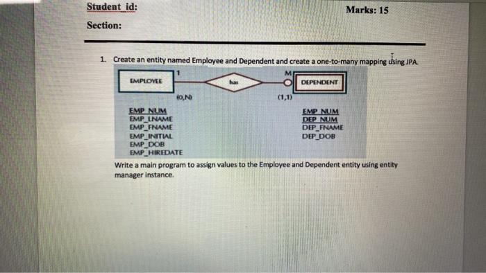  Marks: 15 Student id: Section: 1. Create an entity named Employee