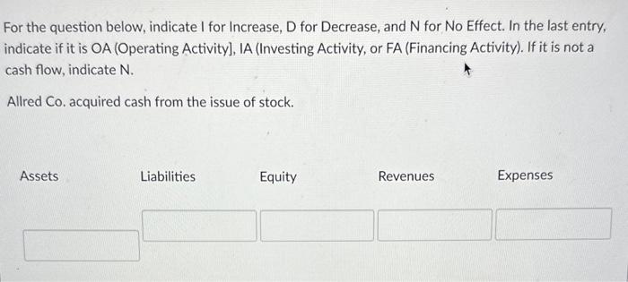  For the question below, indicate I for Increase, D for Decrease,