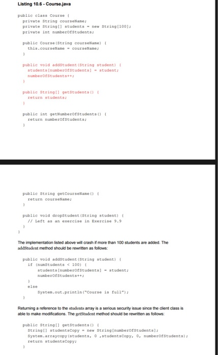 Programming Exercise 13.13 Rewrite the Course class in Listing 10.6 to add