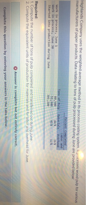  Highlands Company uses the weighted average method in its process costing