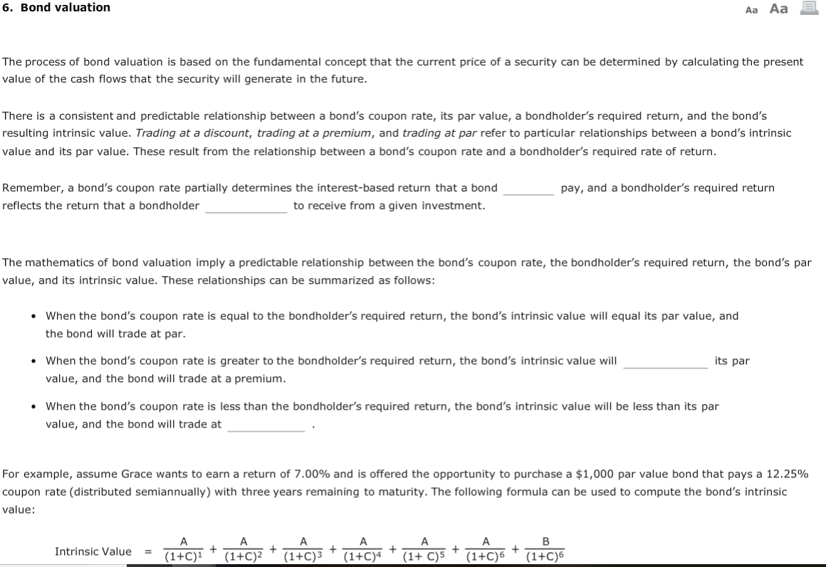 6. Bond valuation Aa Aa E The process of bond valuation