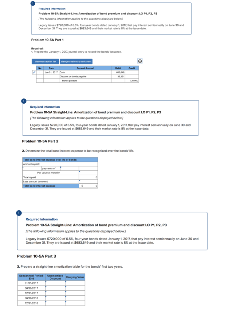 Please show ALL work! Thank you! Required information Problem 10-SA Straight-Line: Amortization