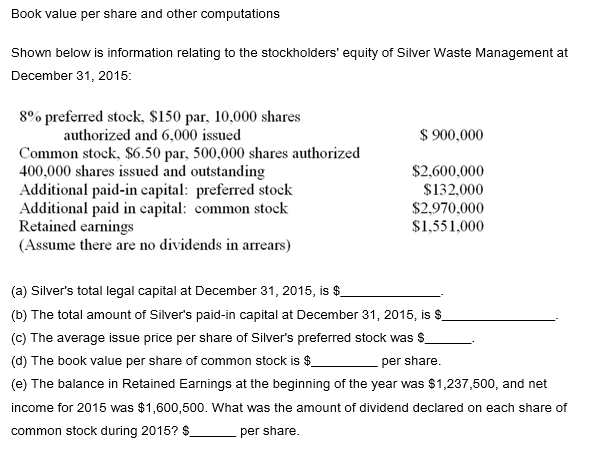  Book value per share and other computations Shown below is information