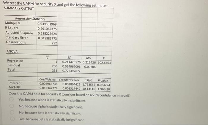  We test the CAPM for security X and get the following