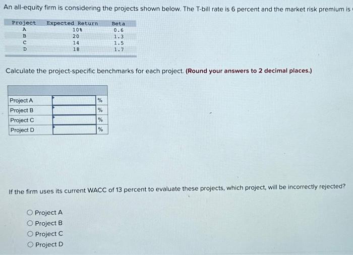  Please answer fully. will rate. thank u! Calculate the project-specific benchmarks