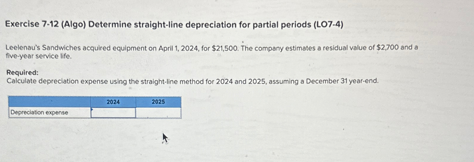  Exercise 7-12(Algo) Determine straight-line depreciation for partial periods (LO7-4) Leelenau's Sandwiches
