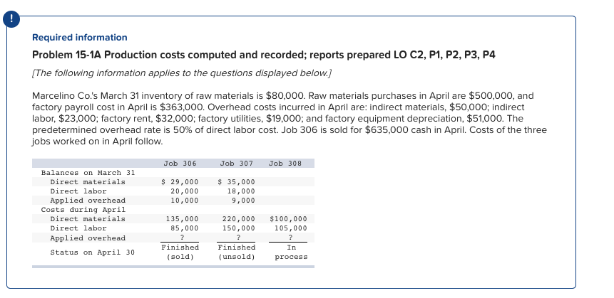 Required information Problem 15-1A Production costs computed and recorded; reports prepared