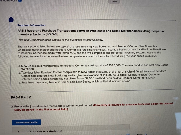 please answer all Saved Required information PA6-1 Reporting Purchase Transactions between Wholesale