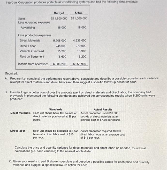  Required: A. Prepare (i.e. complete) the performance report above; speculate and