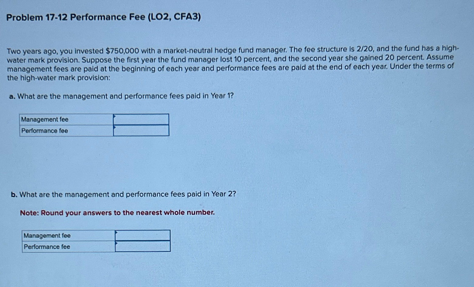  NEED ASAP Problem 17-12 Performance Fee (LO2, CFA3) Two years ago,