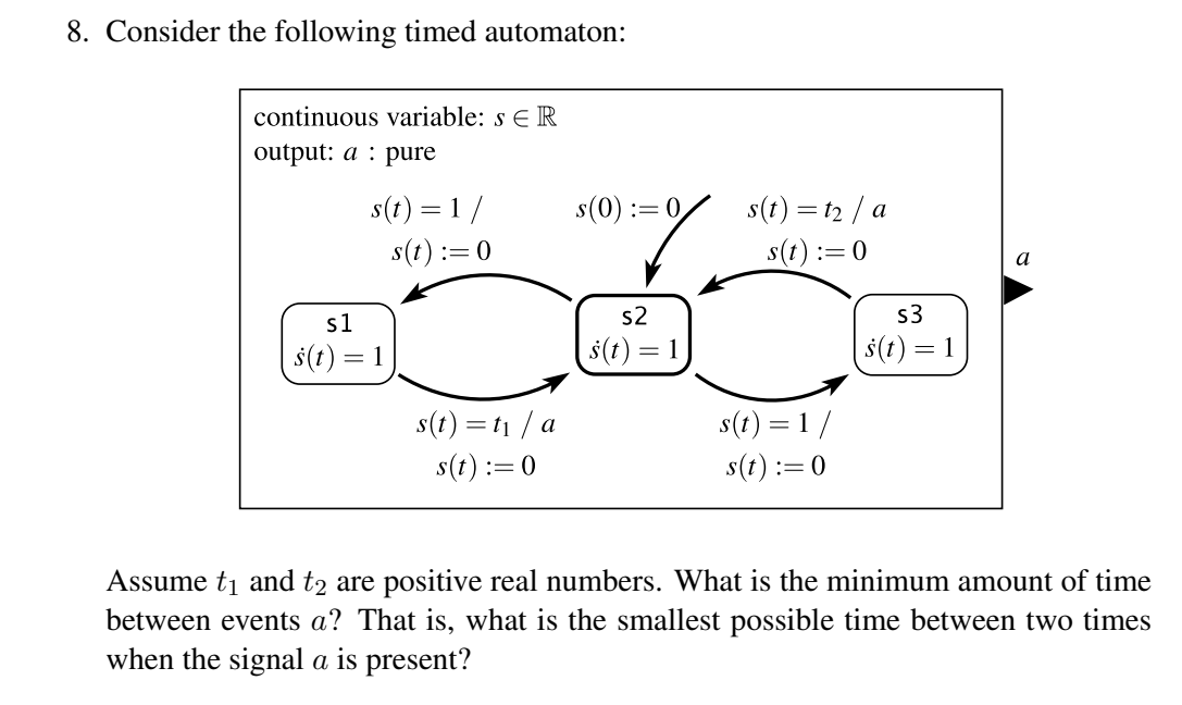 8. Consider the following timed automaton: continuous variable: s ER output: