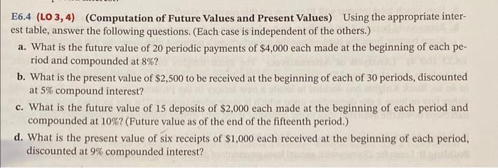  E6.4 ( LO 3,4) (Computation of Future Values and Present Values)