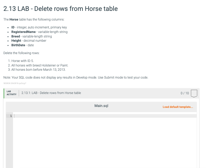  2.13 LAB - Delete rows from Horse table The Horse table