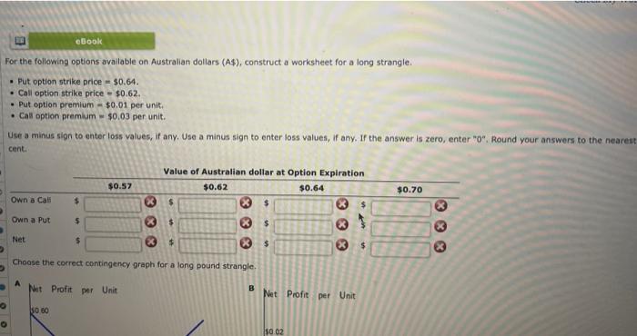  For the following options available on Australian dollars (As), construct a