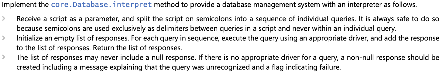 OUTLINE FOR METHOD: public List interpret(String script) { //recieves a script