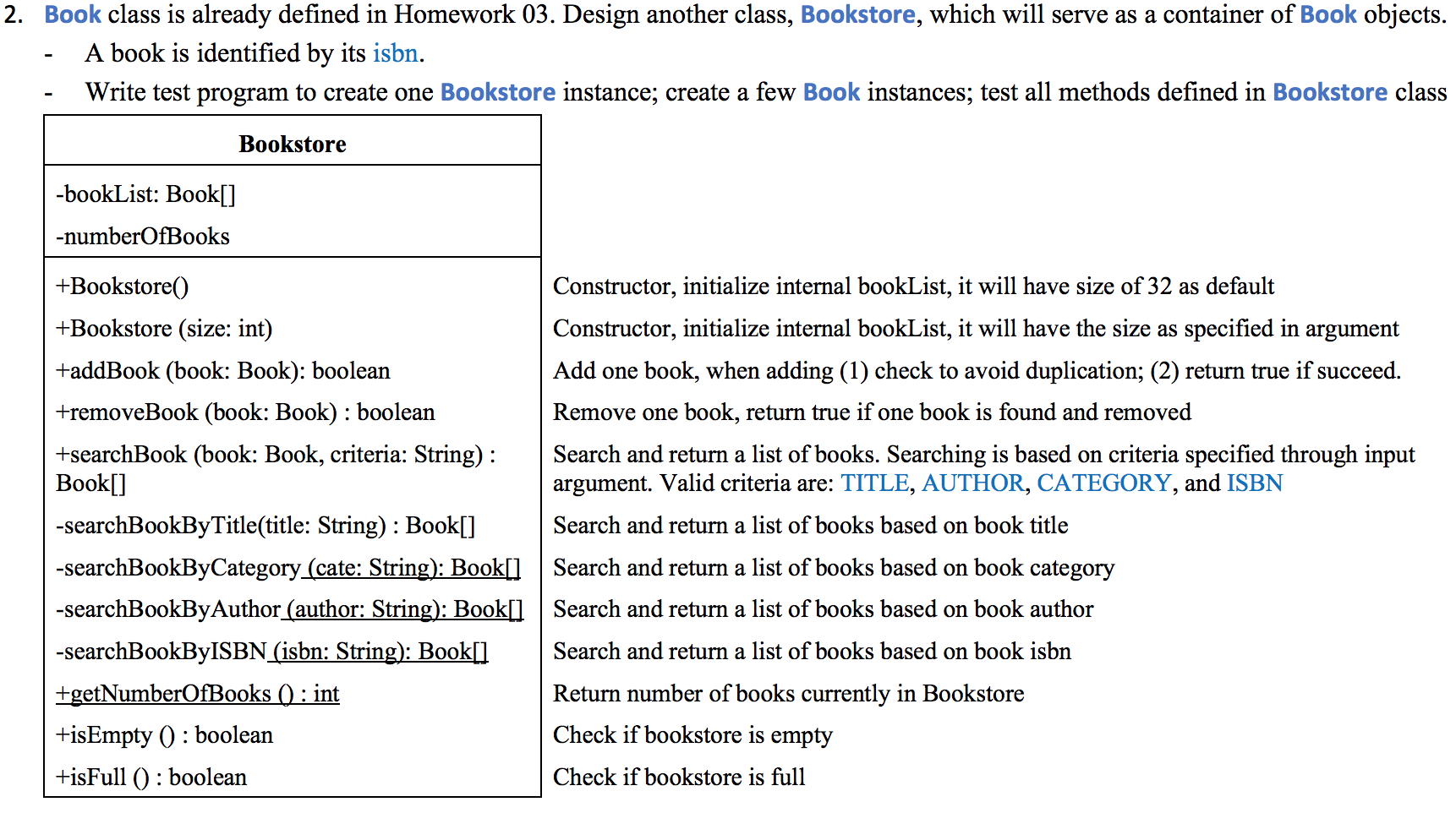 test program in a seperate "BookstoreTest" class as well Thanks in advance