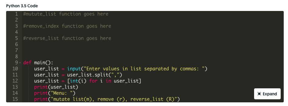 separated by commas from the user and stores them in a list.