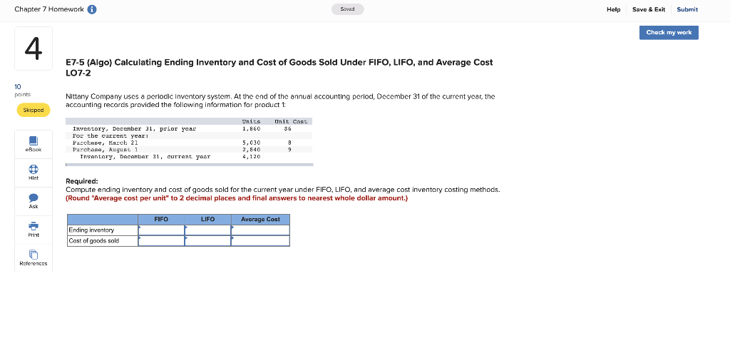  Chapter 7 Homework Savad Help Save & Exit Submit Check my