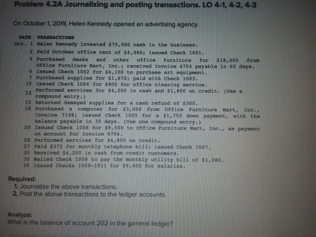 Problem 4.2A Journalizing and posting transactions. LO 4-1, 4-2, 4-3 On October