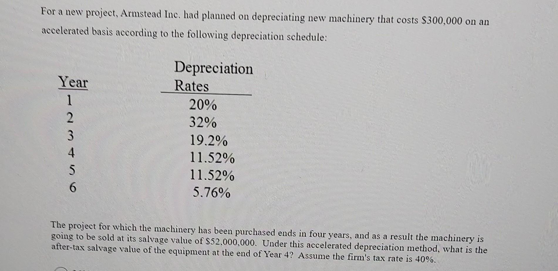  For a new project, Armstead Inc. had planned on depreciating new