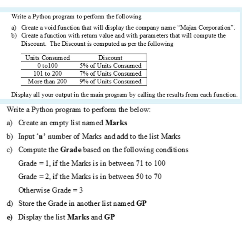  Write a Python program to perform the following a) Create a