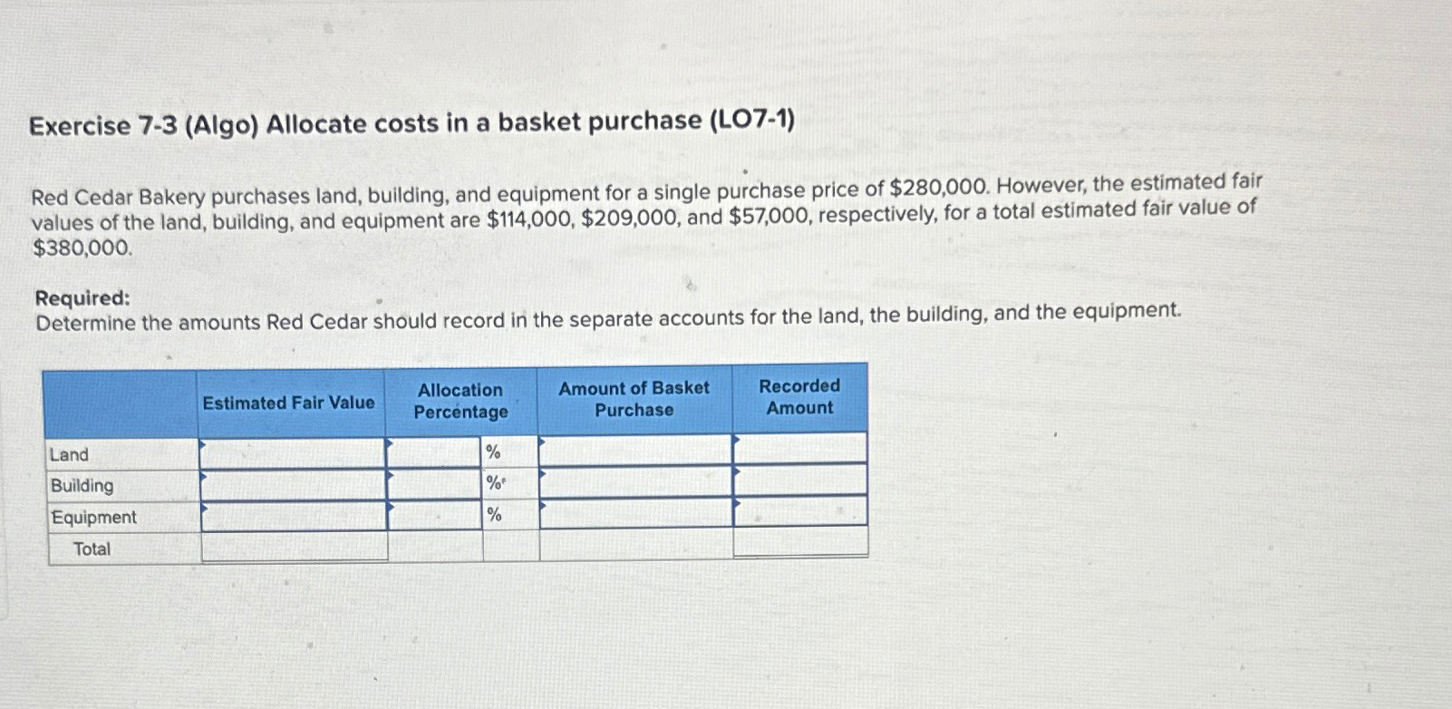  Exercise 7-3(Algo) Allocate costs in a basket purchase (LO7-1) Red Cedar