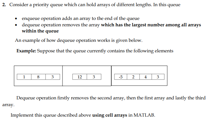 Perform using MATLAB 2. Consider a priority queue which can hold arrays