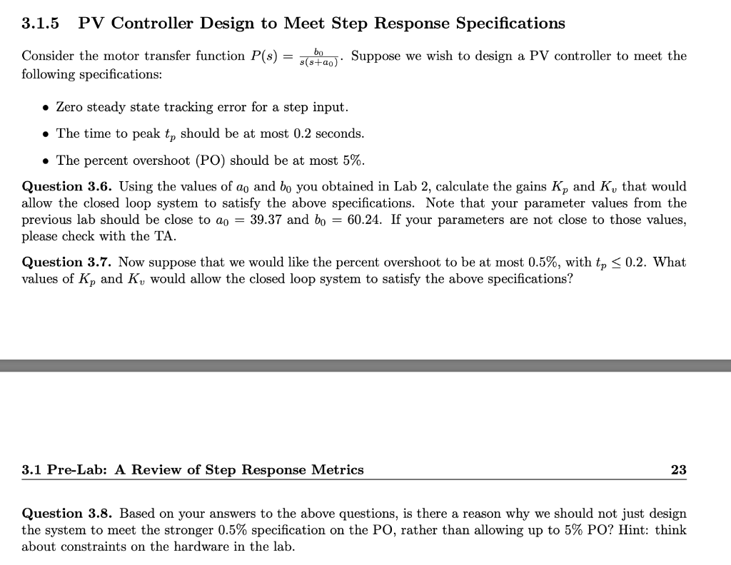 3.1.5 PV Controller Design to Meet Step Response Specifications b .