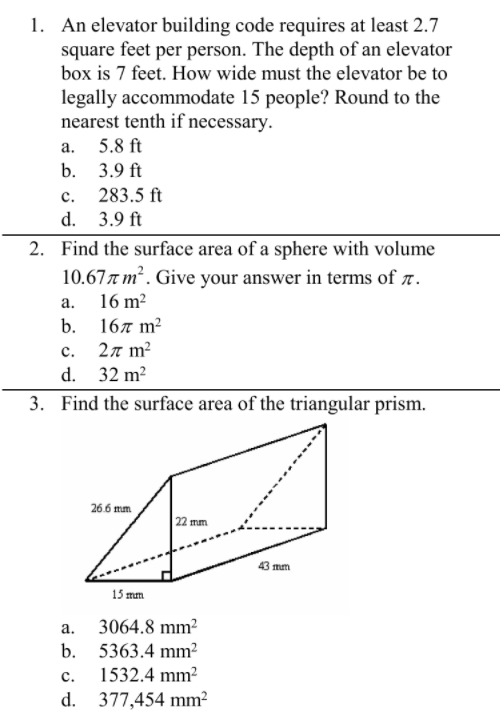 1. An elevator building code requires at least 2.7 square feet