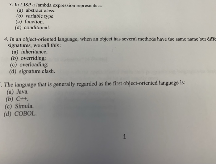  3. In LISP a lambda expression represents a: (a) abstract class.