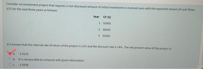 why the answer is option A? Consider an investment project that requires