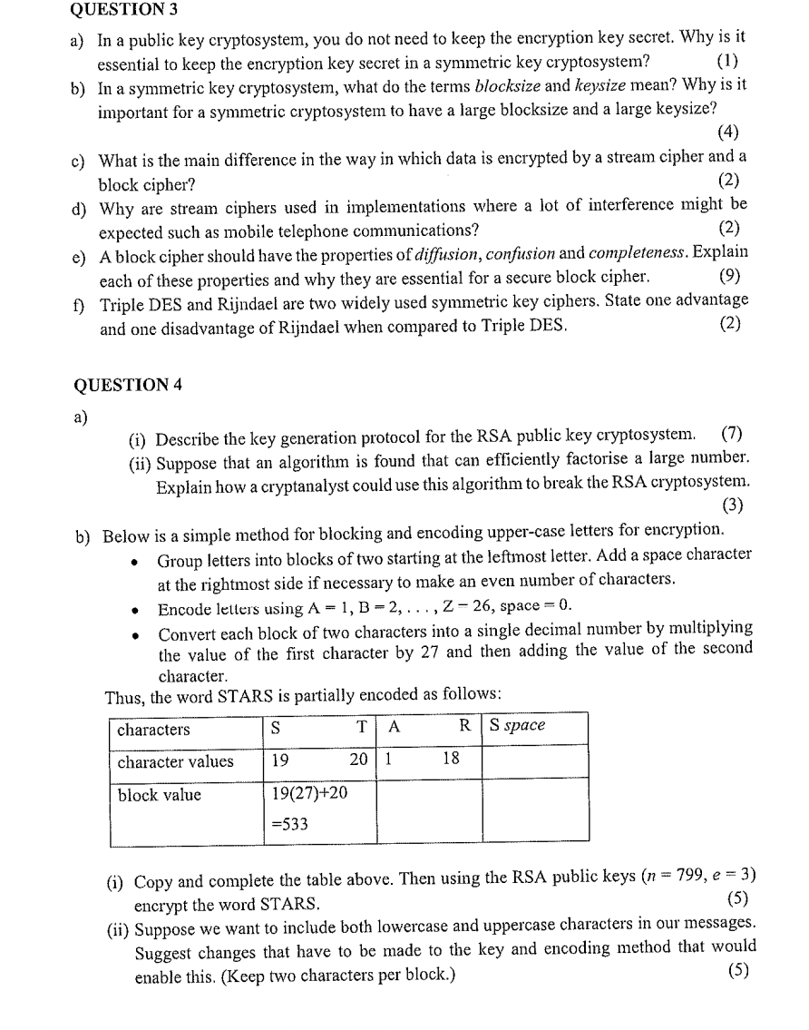  QUESTION 3 a) In a public key cryptosystem, you do not