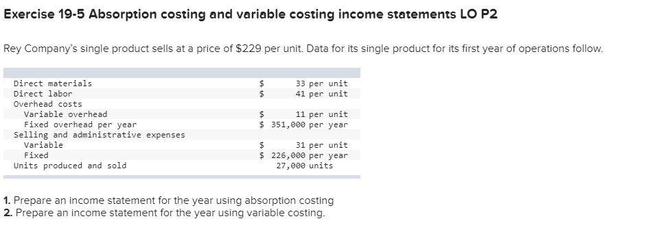 Exercise 19-5 Absorption costing and variable costing income statements LO P2