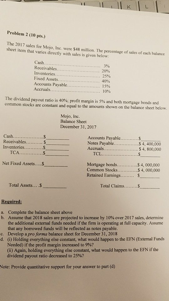  Problem 2 (10 pts.) e 2017 sales for Mojo, Inc. were