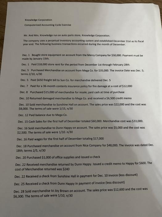  Computerized Accounting Cycle Exercise Mr. And Mrs. Knowledge run an auto