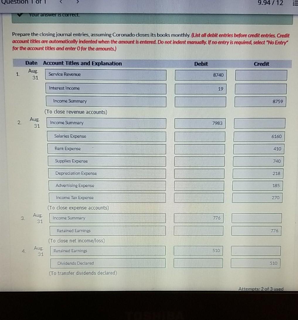  9.94 / 12 E Your answer is correct Prepare the closing