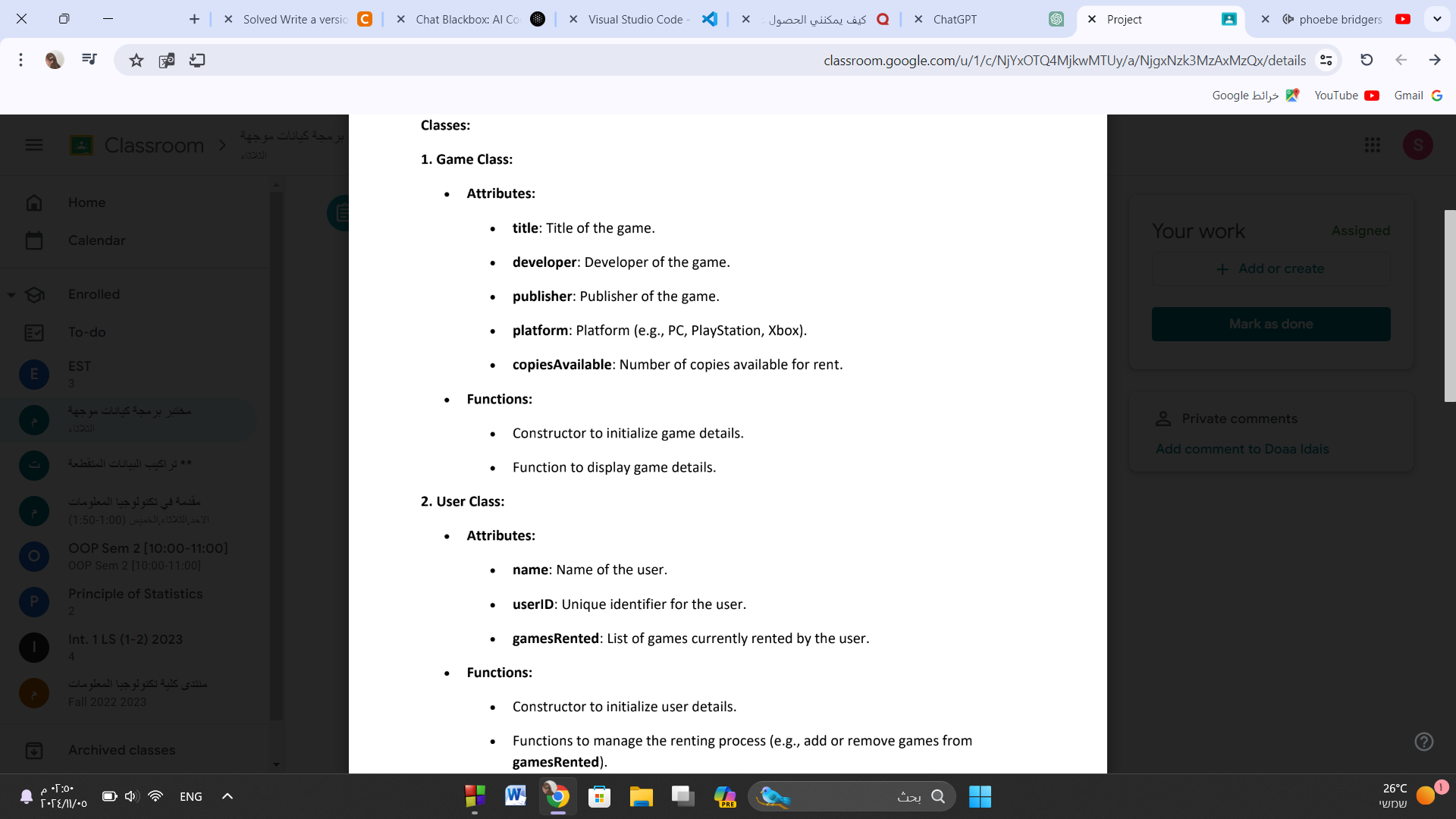  Classes: Game Class: Attributes: title: Title of the game. developer: Developer