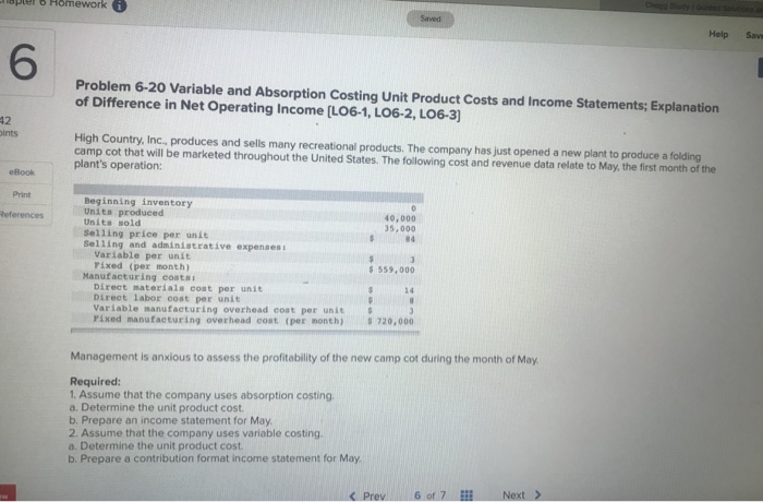  ropter o Homework Help Save 6 Problem 6-20 Variable and Absorption