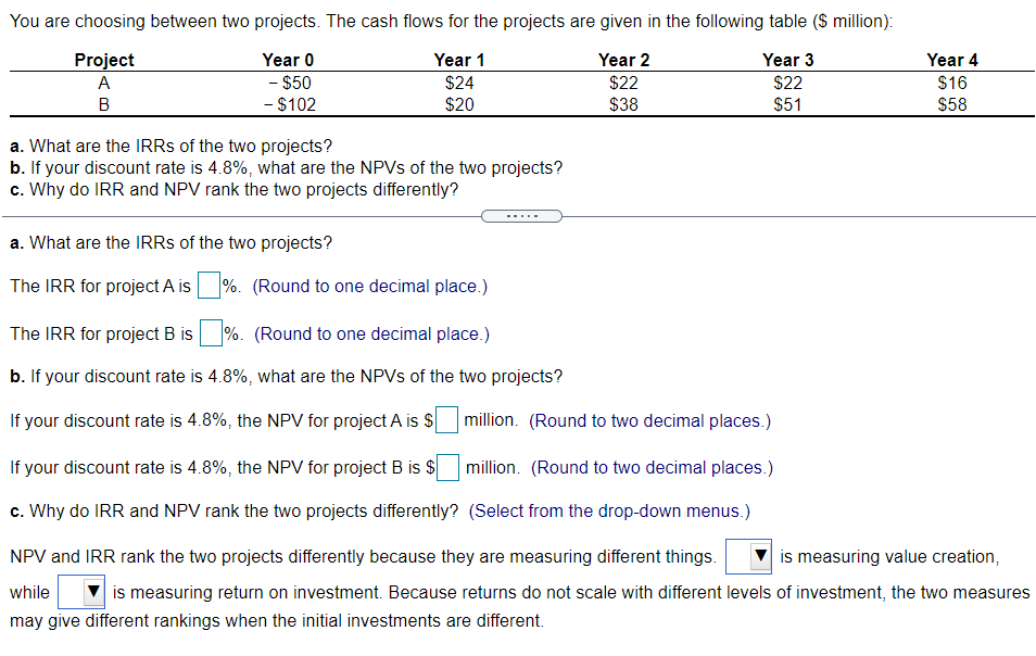 You are choosing between two projects. The cash flows for the