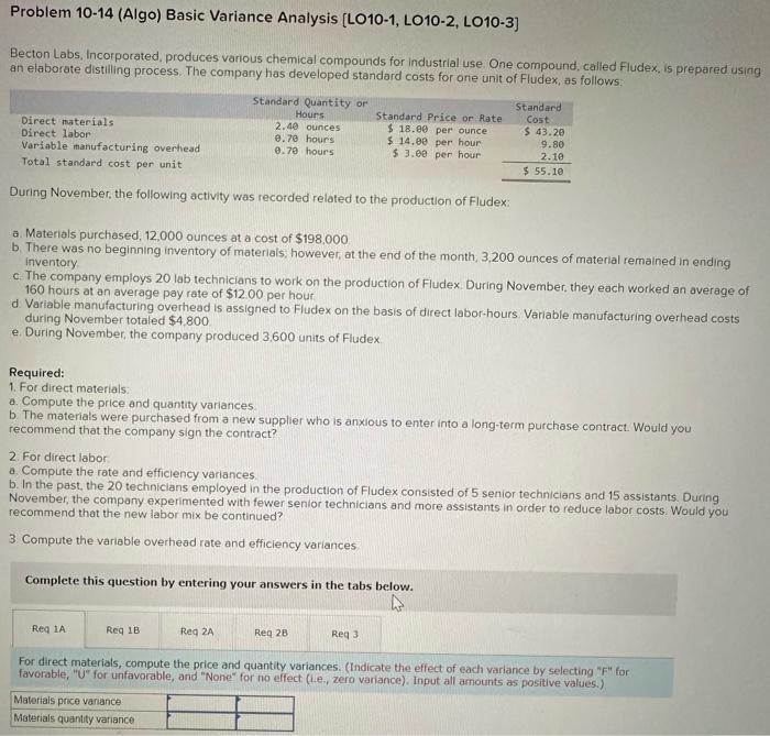  1A, 2A & 3 please Problem 10-14 (Algo) Basic Variance Analysis