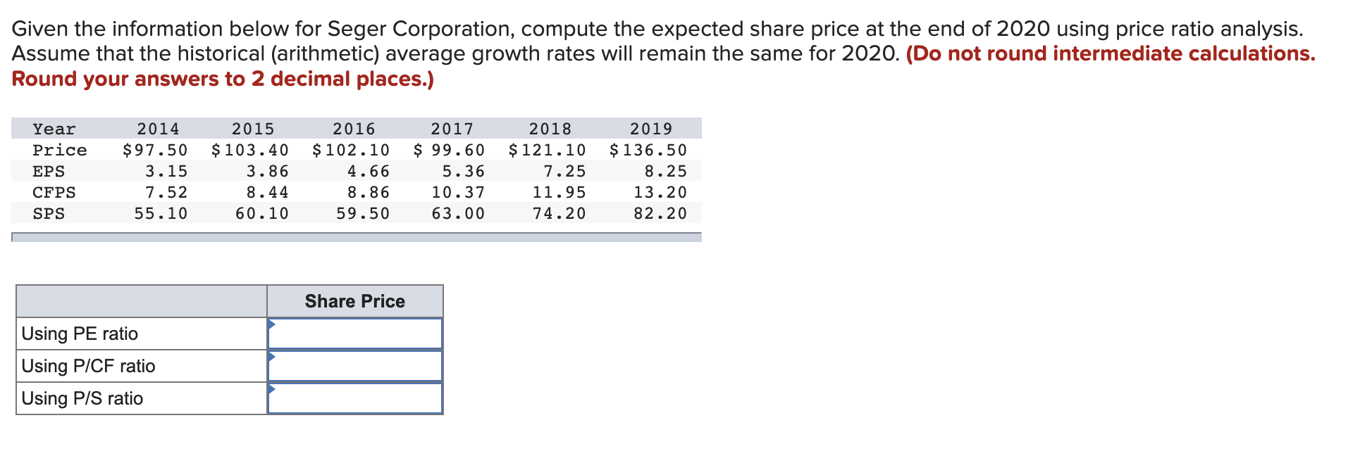  Given the information below for Seger Corporation, compute the expected share
