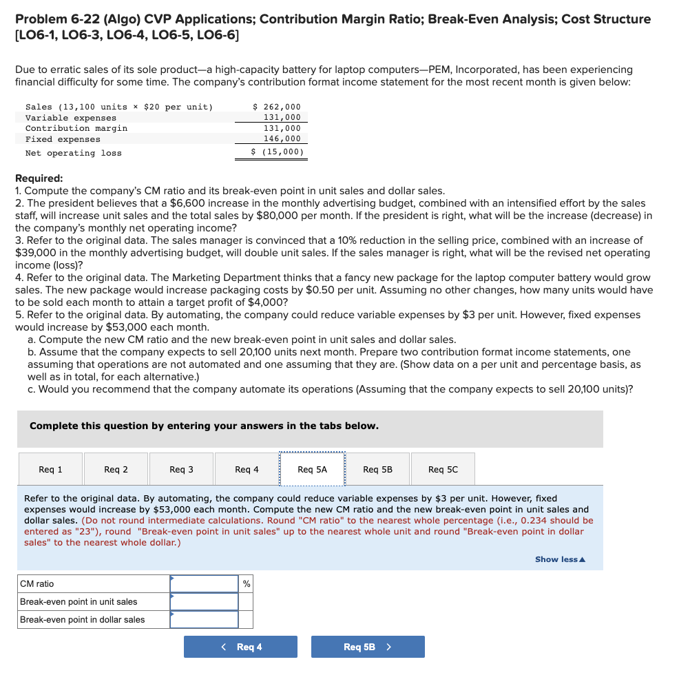 most recent month is given below: Required: 1. Compute the company's CM