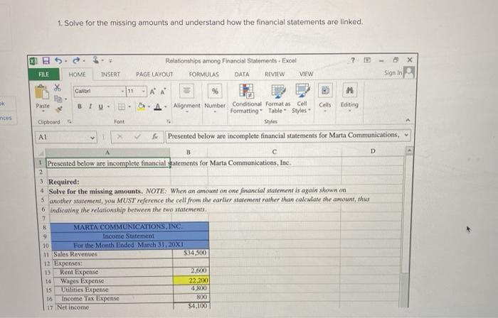  1. Solve for the missing amounts and understand how the financial