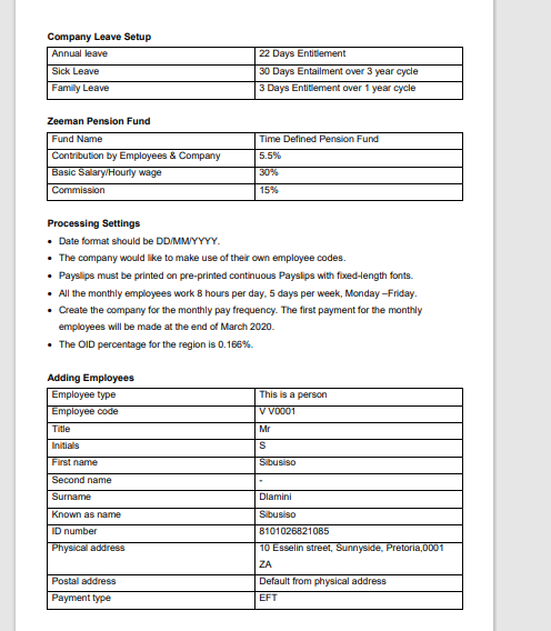 Processing Information on Sage Pastel Payroll 20 Marks Vuvuzela (Pty) Ltd is